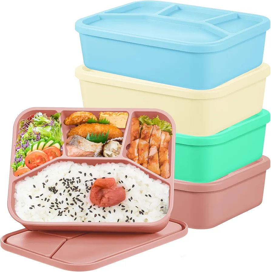 4 Pcs Silicone Bento Box Reusable Lunch Container Smooth Leak Proof Lunch Box Rectangle Bento Boxes for Adult Work Travel Food Meal Compartment Storage, 4 Colors (Bright Colors)