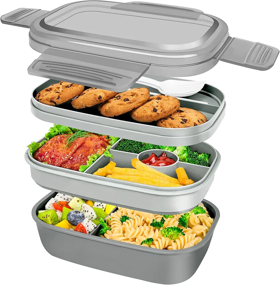 Bento Box Adult Lunch Box, 3-in-One Stackable Lunch Box Kids, 8 Compartments & Utensil Set Bento Lunch Box for Kids/Adults, Leak-Proof Bento Boxes for Work, Picnic, School (Gray)