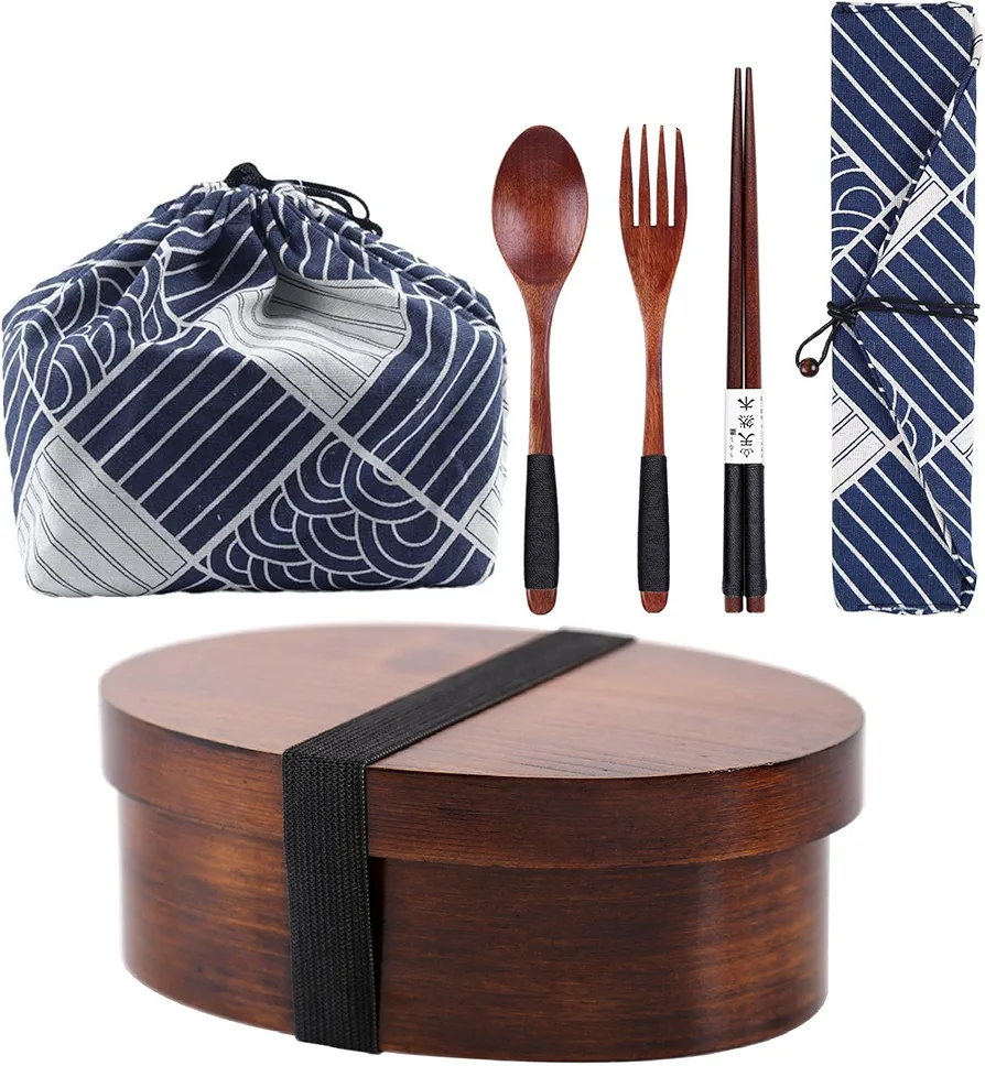 Wooden Bento Boxes Lunch Box, Japanese Style Food Containers, Women Men Adult Wooden Picnic Box, With Spoon Fork Chopsticks, Office Hiking Camping (Oval(Dark Brown))