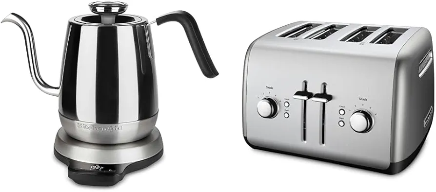 KitchenAid Precision Gooseneck Digital Kettle - KEK1032 & 4-Slice Toaster with Manual High-Lift Lever - KMT4115, Contour Silver