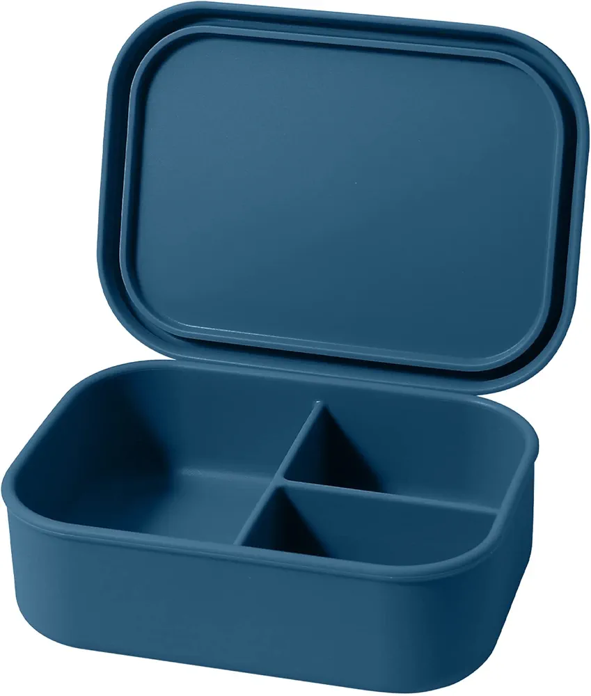 YFBXG 3 Compartment Silicone Bento Lunch Box Container,Leak-Proof Salad Bento Box for Adult, Microwave Safe (Blue)