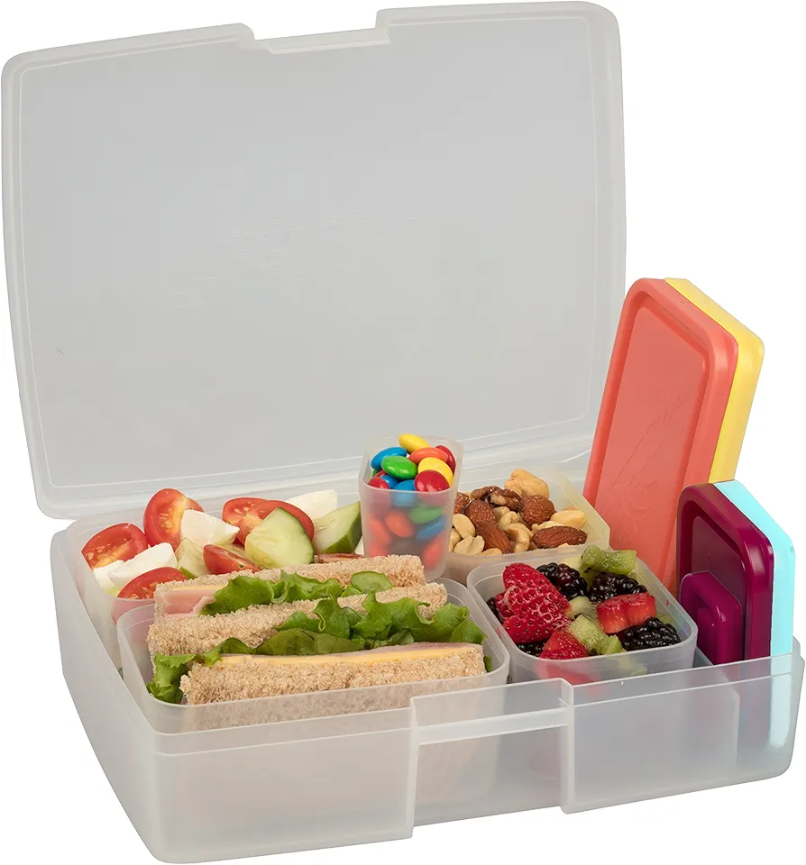 BentologyTM Clear Bento Lunch Box Set w 5 Removable Nesting Containers- Adapt Inner Compartment Portion Sizes- Meal Prep Snack Holders for Back to School, Leakproof Durable & BPA Free- Dishwasher Safe