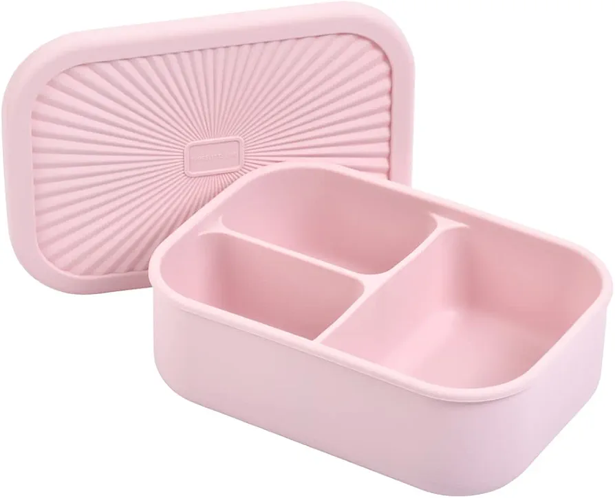 Three Little Tots - Bento Box Lunch Box Reusable Silicone Lunch Box Container Leak-Proof with 3 Compartments (Ballet Pink)