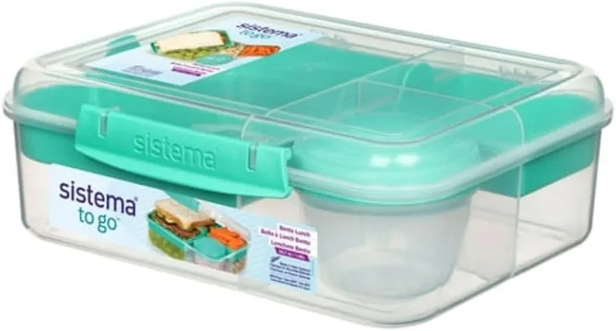Plastic Rectangular Bento Lunch Box with Yogurt Pot, Teal, Locking Clip, Stackable 1 Pack