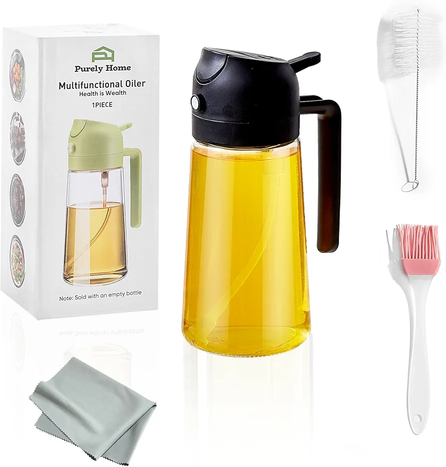 2-in-1 Olive Oil Dispenser and Oil Sprayer for Cooking | 470ml Glass Oil Bottle for Cooking, Frying, Salad and BBQ | Premium Bottle Sprayer for Air Fryer | Kitchen Gadgets with Oil & Cleaning Brush